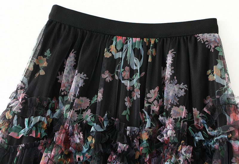 Floral Tulle Maxi Skirt with Ruffled Layers in Black