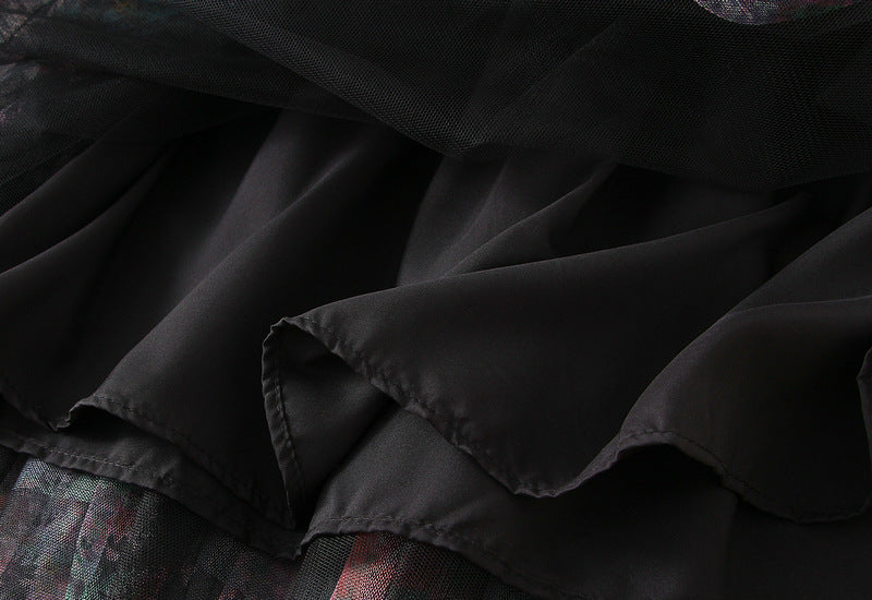 Floral Tulle Maxi Skirt with Ruffled Layers in Black