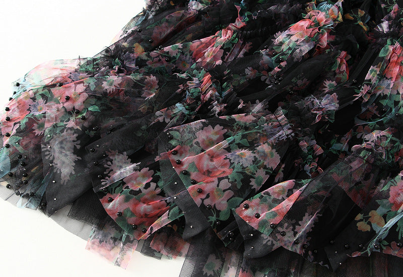 Floral Tulle Maxi Skirt with Ruffled Layers in Black