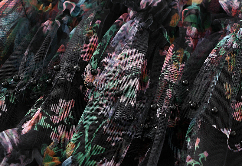 Floral Tulle Maxi Skirt with Ruffled Layers in Black
