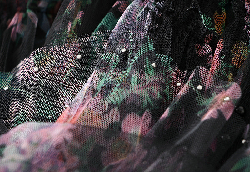 Floral Tulle Maxi Skirt with Ruffled Layers in Black