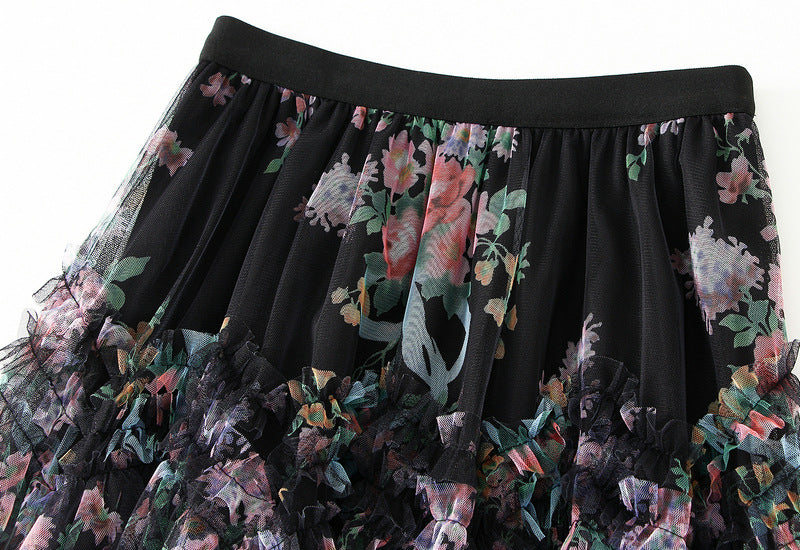 Floral Tulle Maxi Skirt with Ruffled Layers in Black