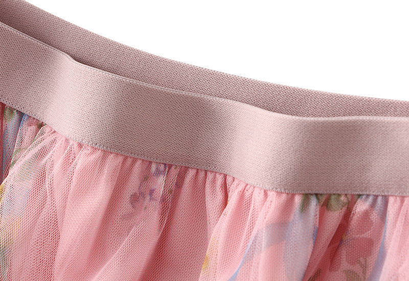 Floral Tulle Maxi Skirt with Ruffled Layers in Pink