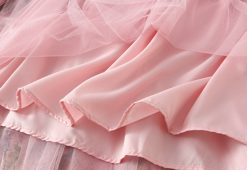 Floral Tulle Maxi Skirt with Ruffled Layers in Pink