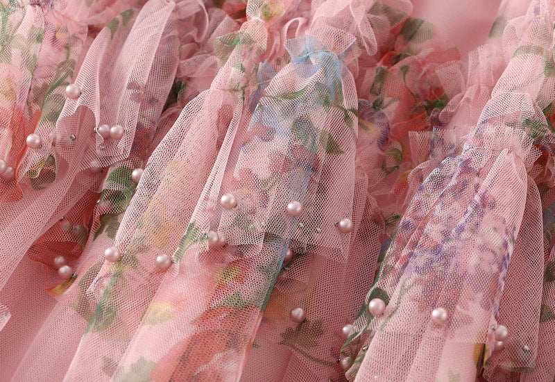 Floral Tulle Maxi Skirt with Ruffled Layers in Pink