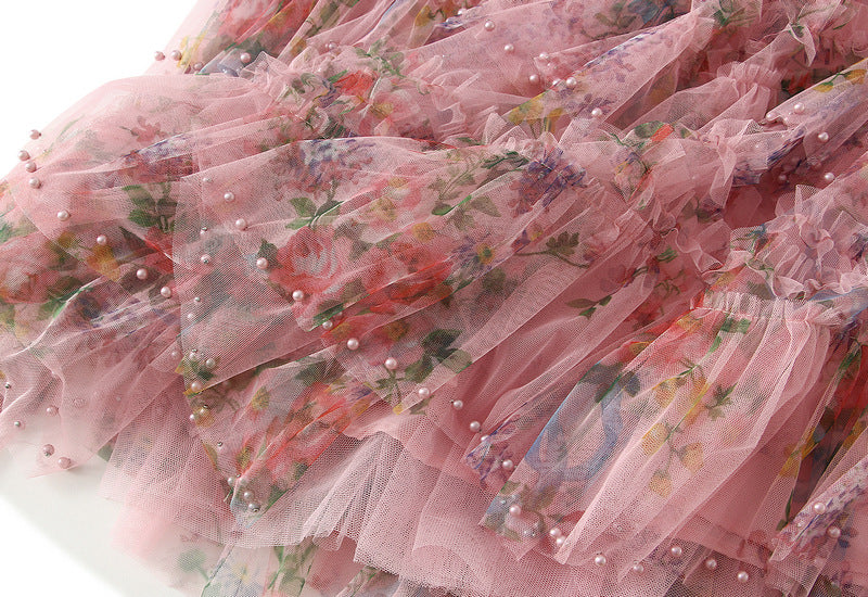 Floral Tulle Maxi Skirt with Ruffled Layers in Pink