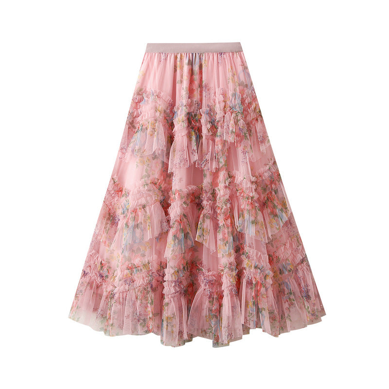 Floral Tulle Maxi Skirt with Ruffled Layers in Pink