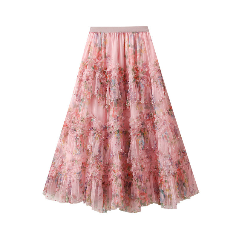 Floral Tulle Maxi Skirt with Ruffled Layers in Pink