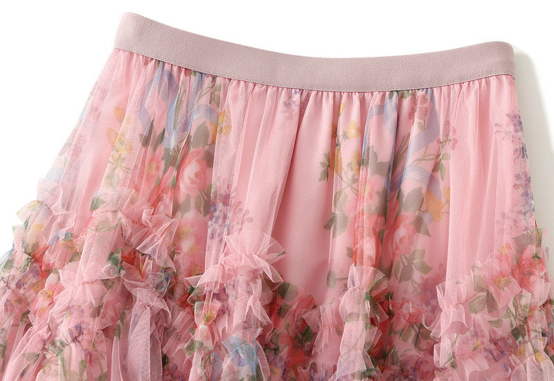 Floral Tulle Maxi Skirt with Ruffled Layers in Pink