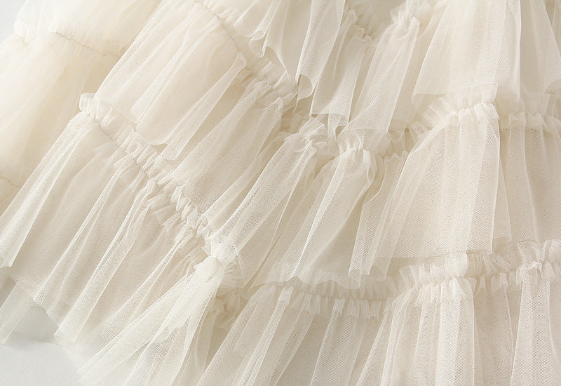 Ruffled Tulle Irregular Skirt in Apricot