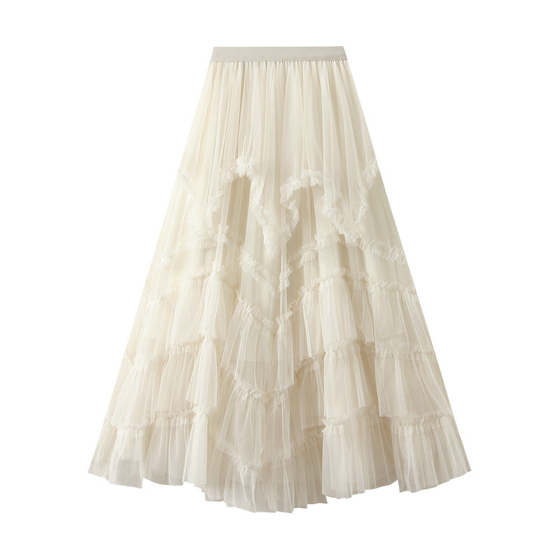 Ruffled Tulle Irregular Skirt in Apricot