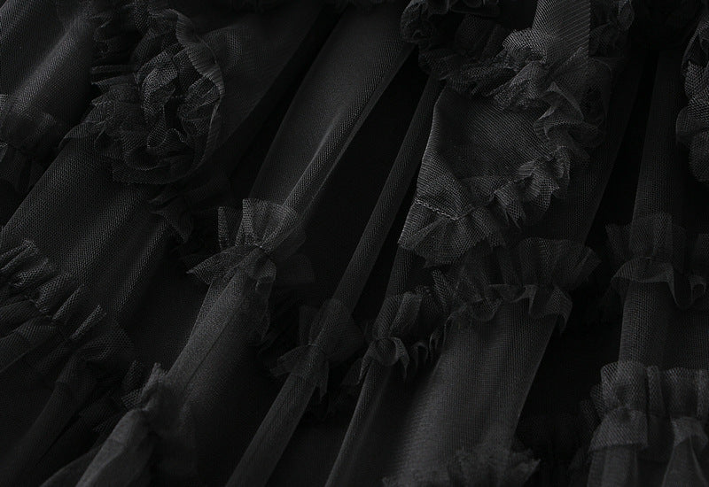 Ruffled Tulle Irregular Skirt in Black