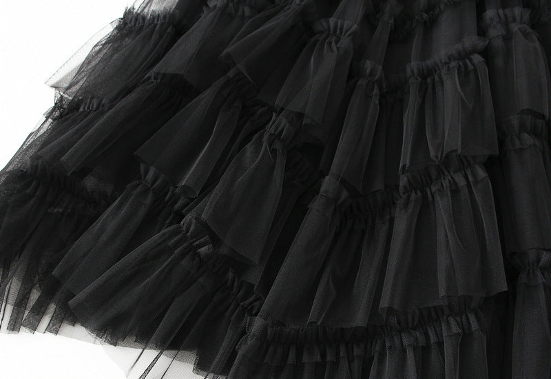 Ruffled Tulle Irregular Skirt in Black