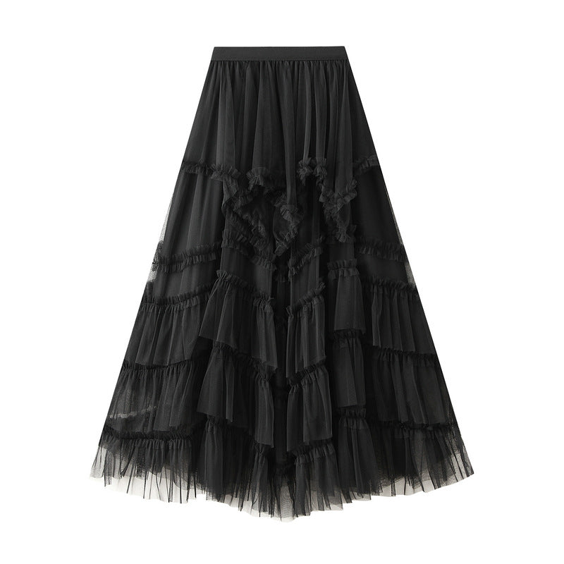 Ruffled Tulle Irregular Skirt in Black