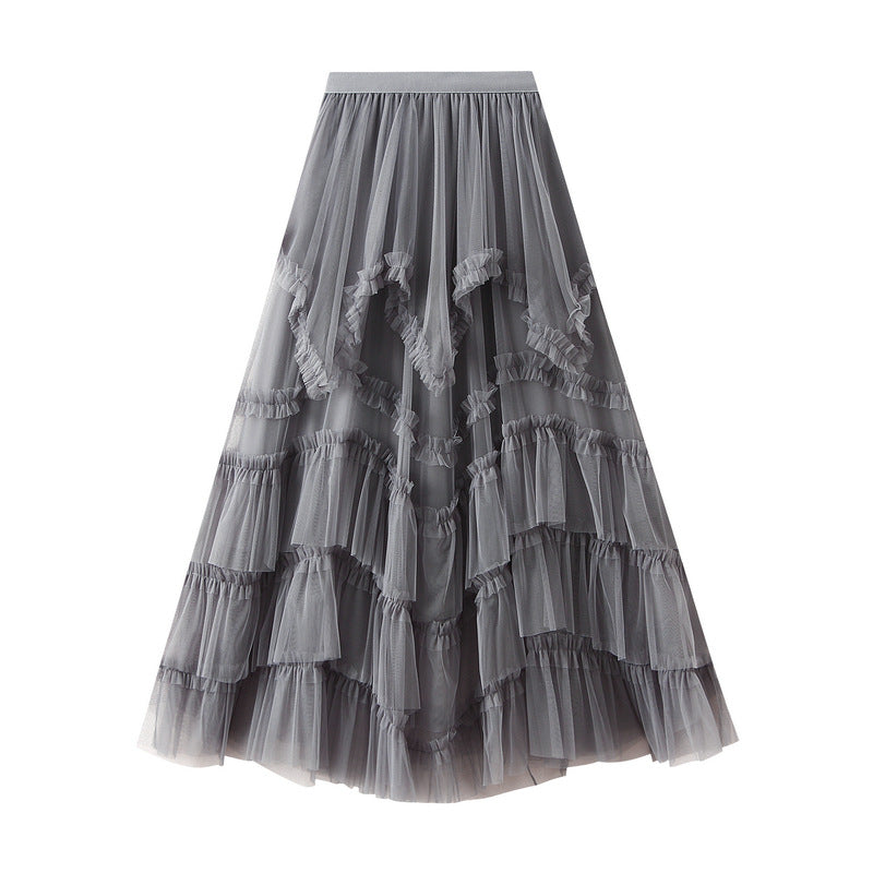 Ruffled Tulle Irregular Skirt in Grey