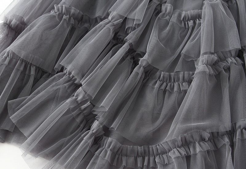 Ruffled Tulle Irregular Skirt in Grey