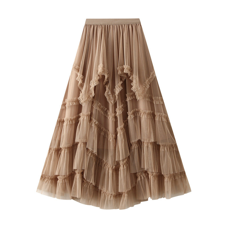 Ruffled Tulle Irregular Skirt in Khaki