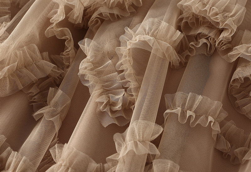 Ruffled Tulle Irregular Skirt in Khaki