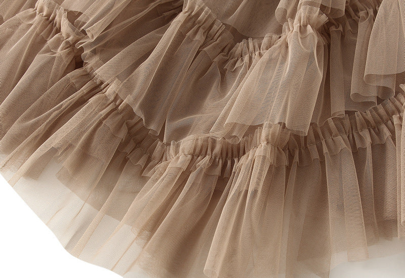 Ruffled Tulle Irregular Skirt in Khaki