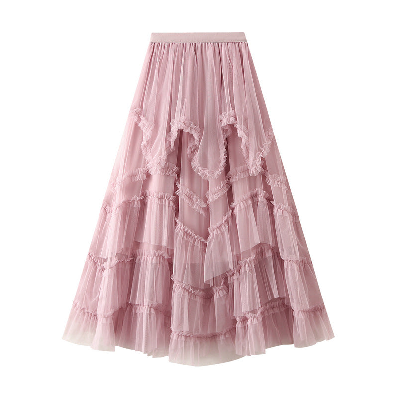 Ruffled Tulle Irregular Skirt in Blush Pink