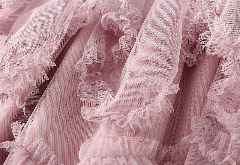 Ruffled Tulle Irregular Skirt in Blush Pink