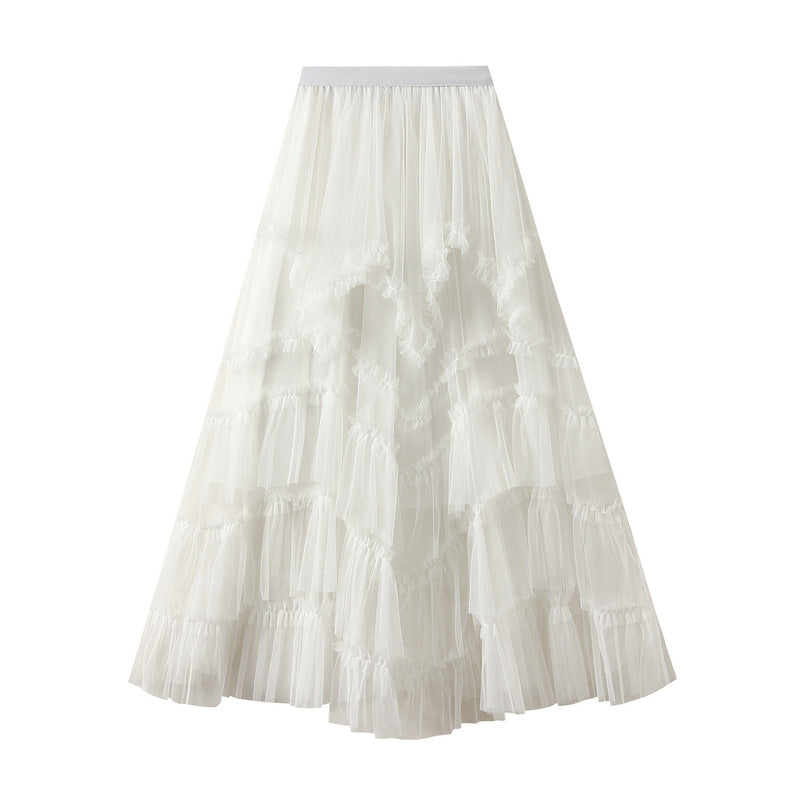 Ruffled Tulle Irregular Skirt in White