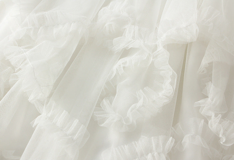 Ruffled Tulle Irregular Skirt in White