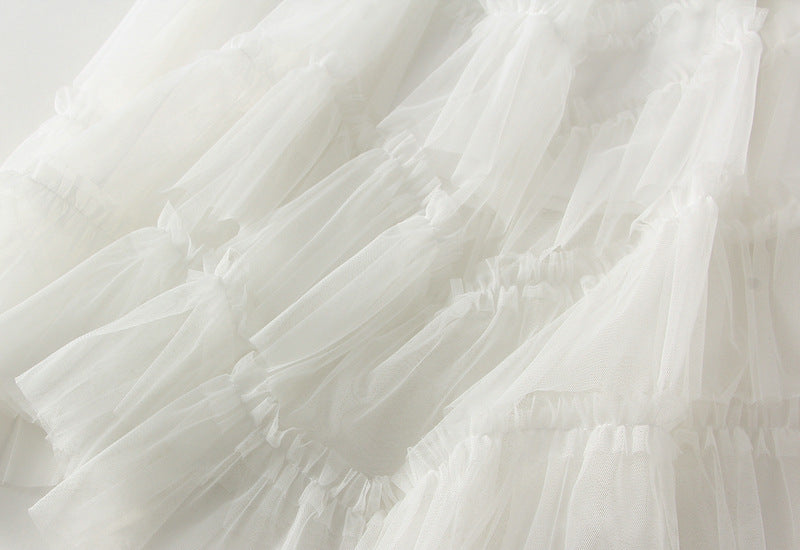 Ruffled Tulle Irregular Skirt in White
