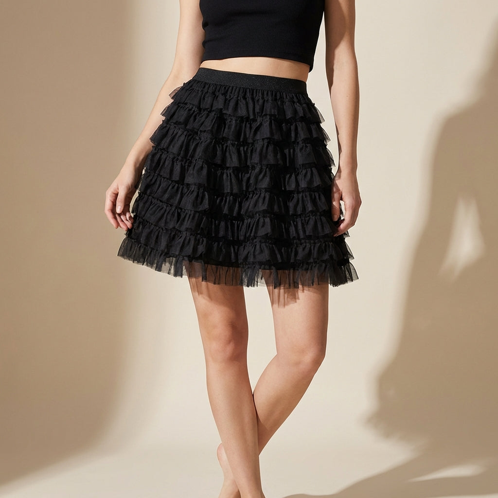 Ruffle Volume Multitier Skirt - BLACK