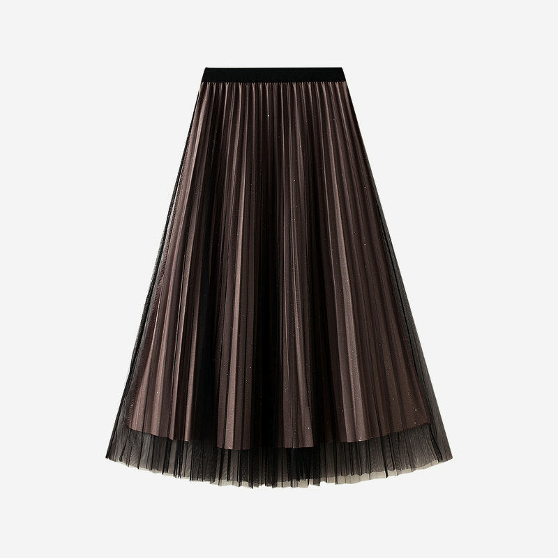 Pleated Tulle Reversible Skirt - DARKCOFFEE