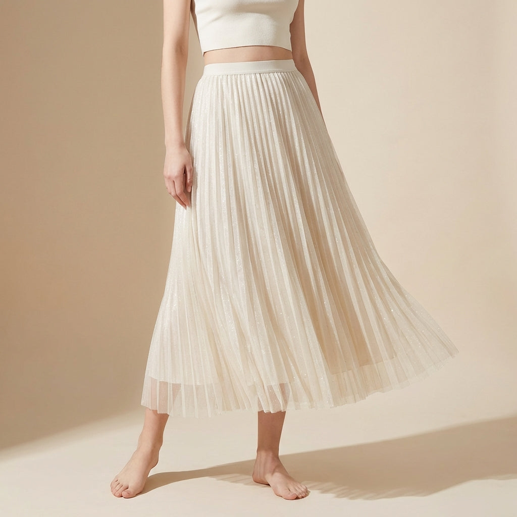 Pleated Tulle Reversible Skirt - APRICOT