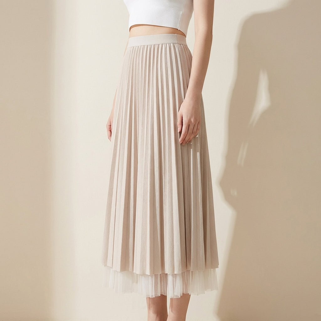 Pleated Tulle Reversible Skirt - APRICOT