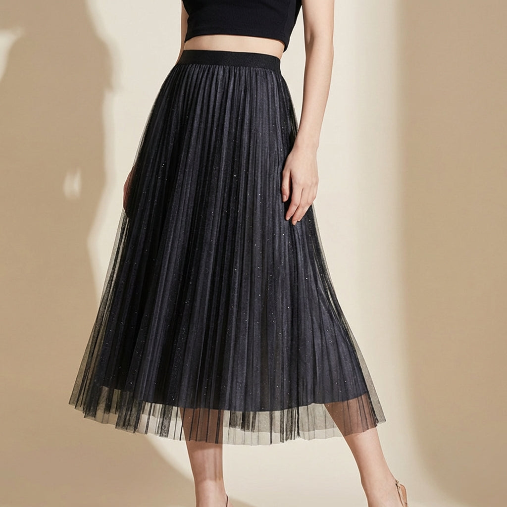 Pleated Tulle Reversible Skirt - GREY