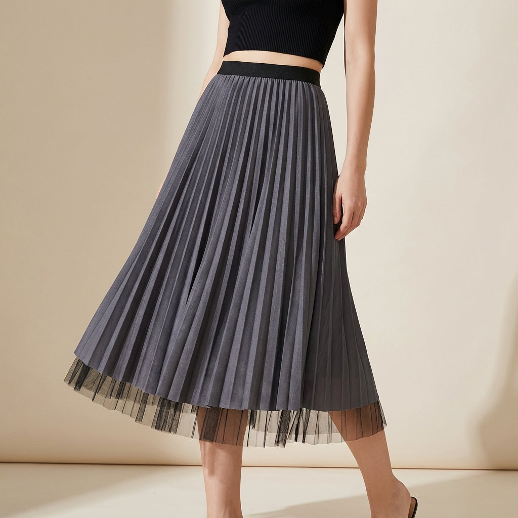 Pleated Tulle Reversible Skirt - GREY