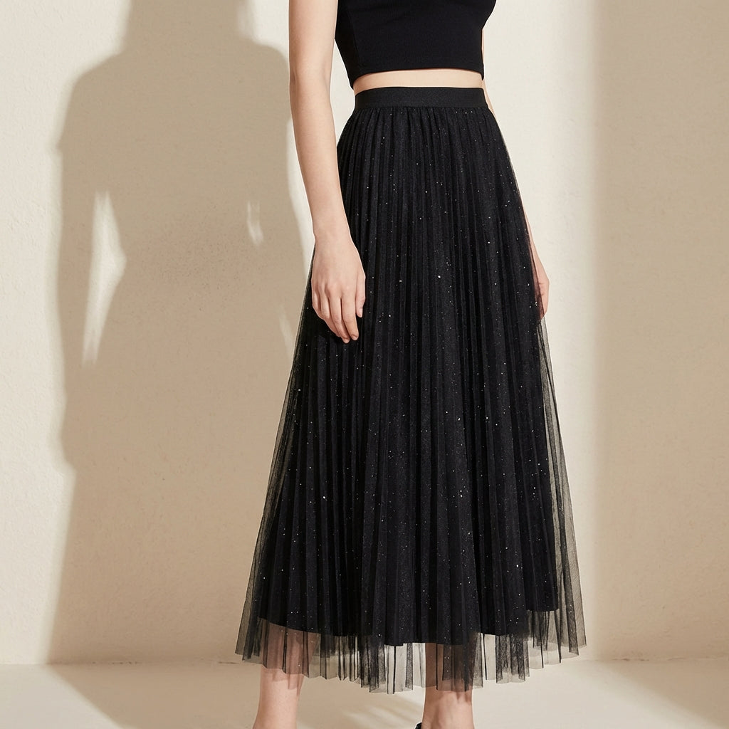 Pleated Tulle Reversible Skirt - BLACK