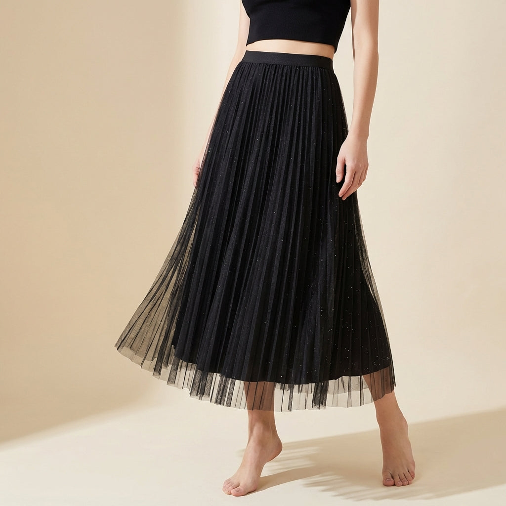Pleated Tulle Reversible Skirt - BLACK