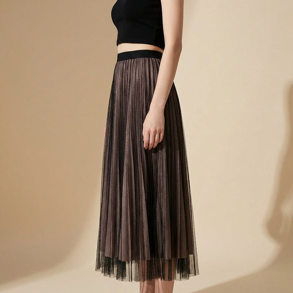Pleated Tulle Reversible Skirt - DARKCOFFEE
