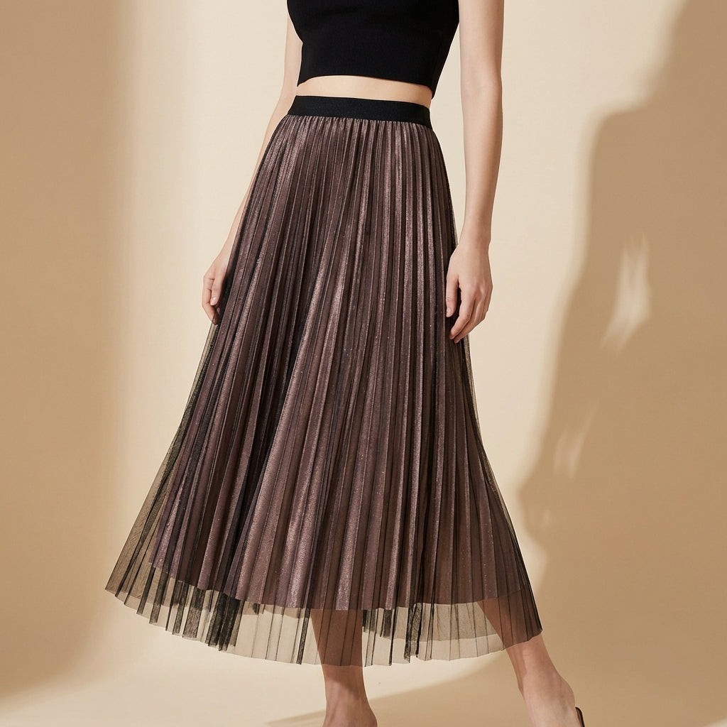 Pleated Tulle Reversible Skirt - DARKCOFFEE