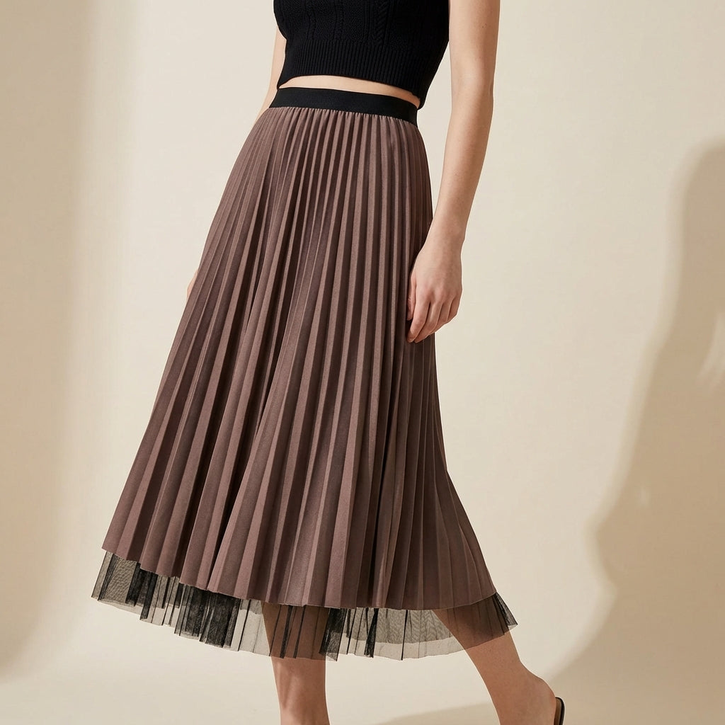 Pleated Tulle Reversible Skirt - DARKCOFFEE