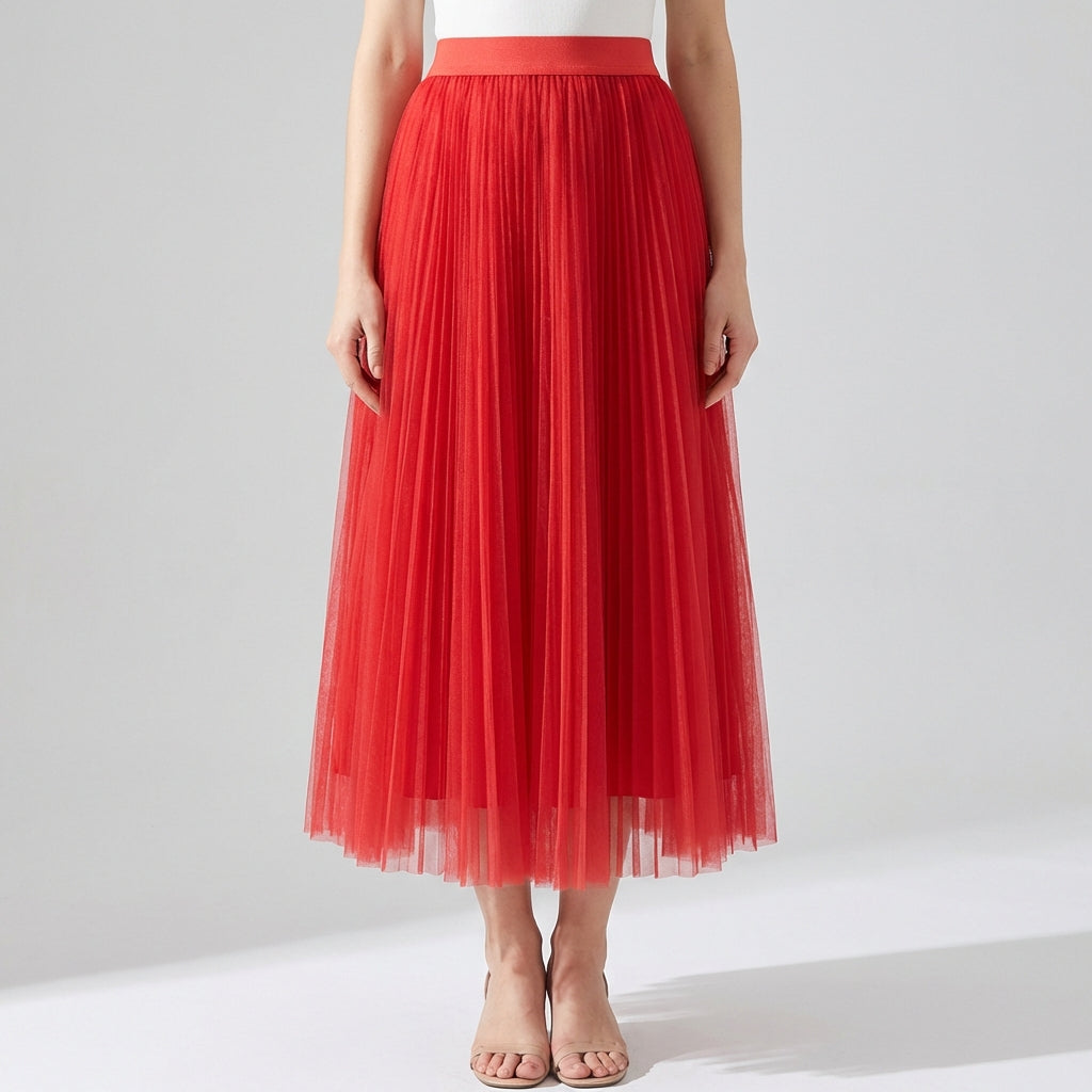 Sheer Layered Flare Skirt - RED