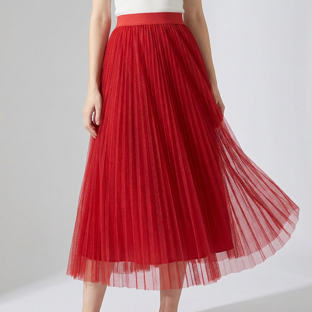 Sheer Layered Flare Skirt - RED