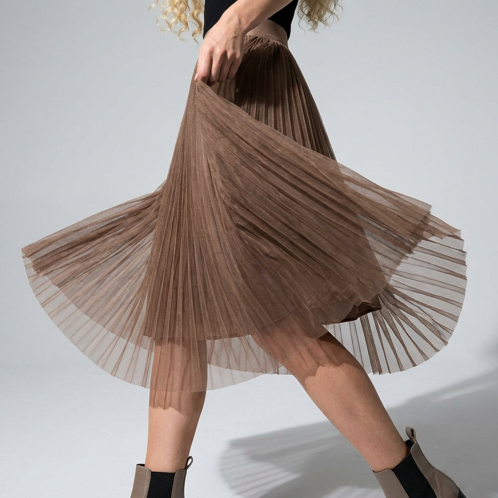 Sheer Layered Flare Skirt - KHAKI