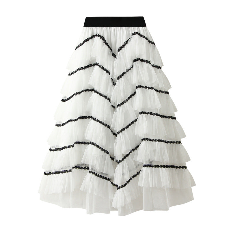 Tiered Net Skirt with Contrast Edge in White