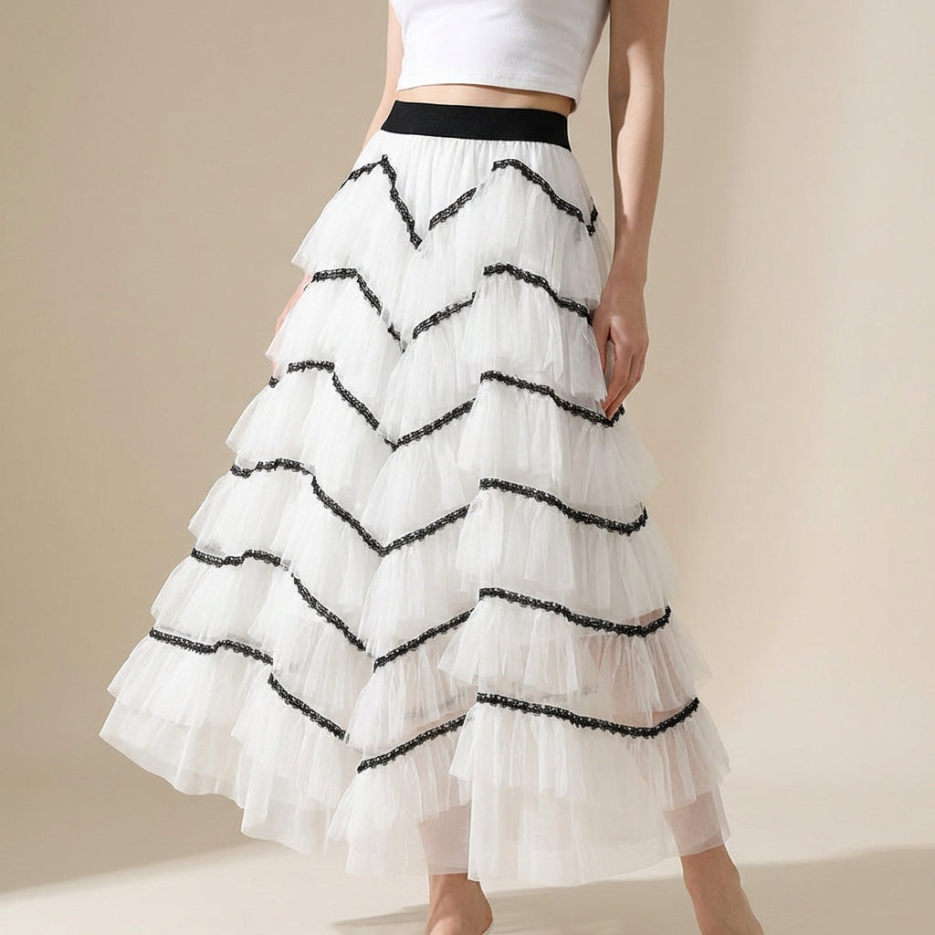 Tiered Net Skirt with Contrast Edge in White