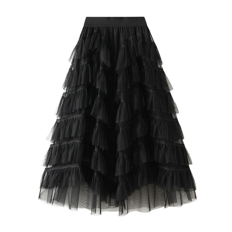 Tiered Net Skirt with Contrast Edge in Black