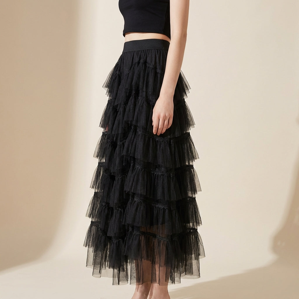 Tiered Net Skirt with Contrast Edge in Black