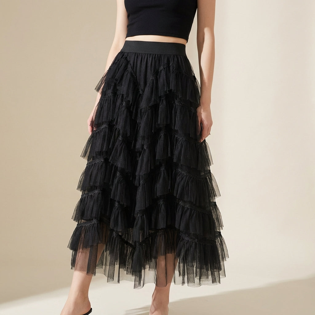 Tiered Net Skirt with Contrast Edge in Black