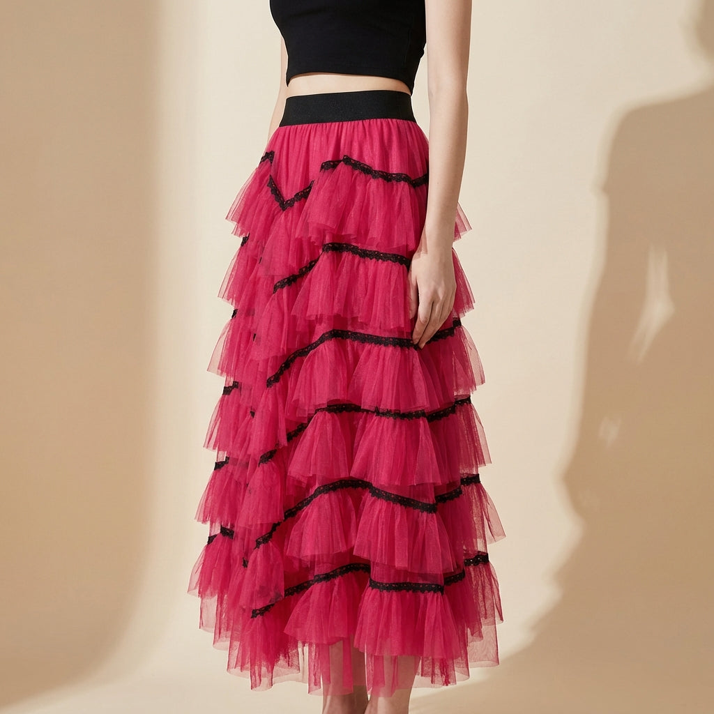 Tiered Net Skirt with Contrast Edge in Raspberry Red