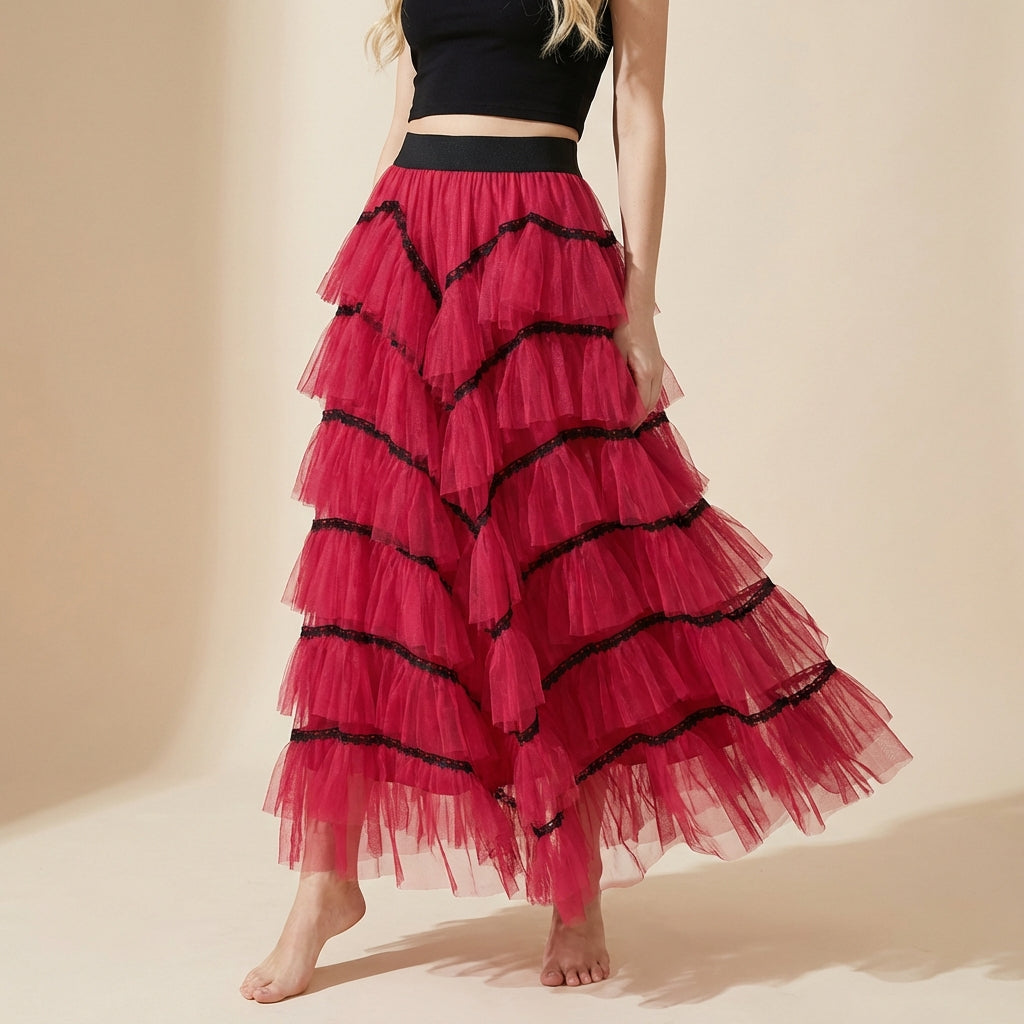 Tiered Net Skirt with Contrast Edge in Raspberry Red