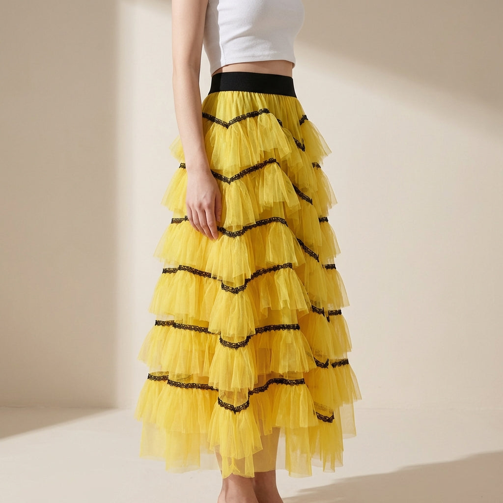 Tiered Net Skirt with Contrast Edge in Sun-kissed Yellow